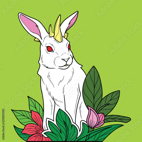 Jackalope Mythical Horned Rabbit Vector Illustration - Fantasy Creature with Floral Leaves