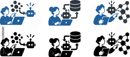 Artificial Intelligence Neural Network and Data Technology Icons with Human, Robot, Laptop and Database