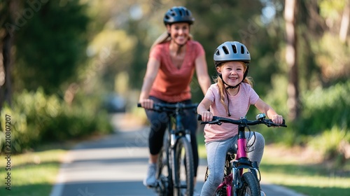 Parent and child cycling together on safe park path in sunlight