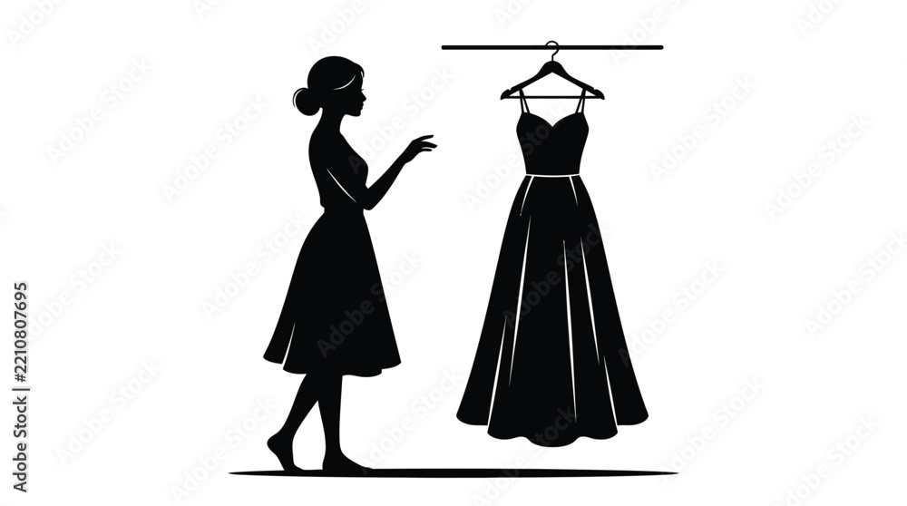 Fototapeta premium Woman admiring evening gown on hanger black silhouette