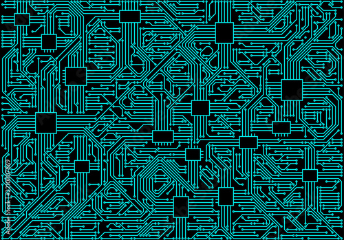 Cyan motherboard circuit network with connected microchip nodes across black background
