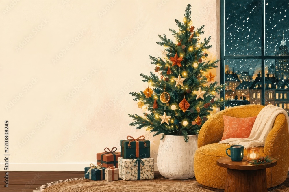 Fototapeta premium Cozy Christmas living room with decorated tree and armchair