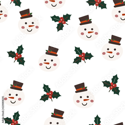 Seamless Christmas pattern with cute snowmen, Christmas trees and holly branches on a light background. Playful festive design for wrapping paper, textiles, children’s products, stationery and holiday