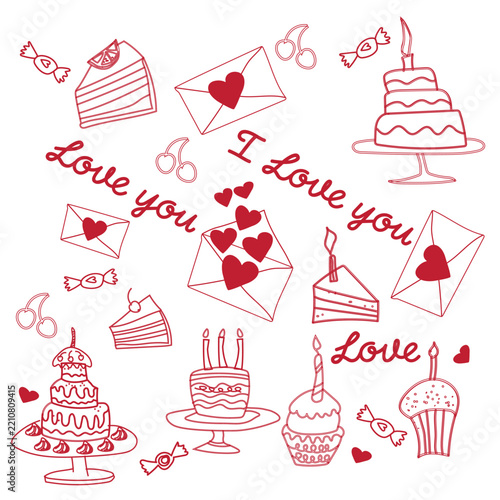 Valentine’s Day Romantic Sticker Collection with Hearts, Love Letters, Envelopes, Chocolates, Candies, Cakes, Cupcakes and Cherries