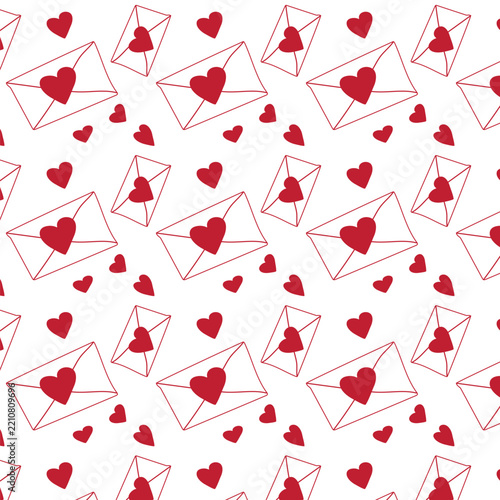 Romantic Seamless Pattern with Red Hearts and Love Envelopes, Valentine's Day Background, Wedding and Love Greeting Card