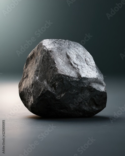 Macro shot of rough polonium metal chunk with crystalline flaky surface on dark slate studio background