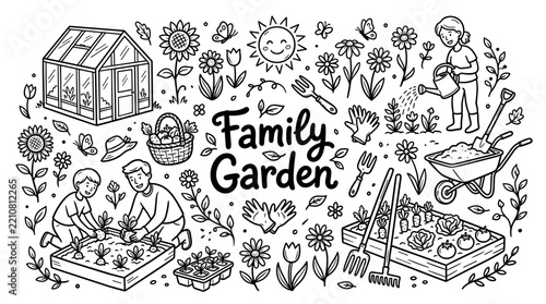 Family Garden Coloring Page Doodle Illustration