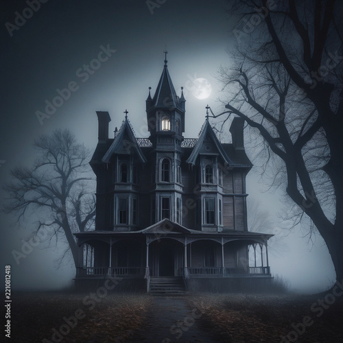 A mysterious haunted house surrounded by fog on a dark night, creating a spooky Halloween and horror atmosphere.