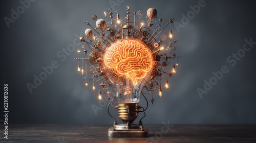 Steampunk brain inside lightbulb idea and creativity concept.