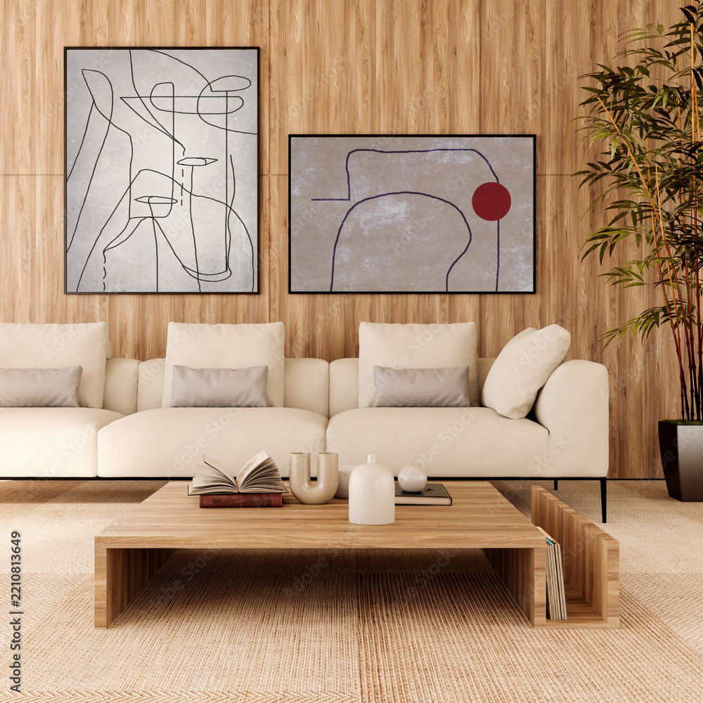 Fototapeta premium 3D rendering, 3d illustration, Large Luxury modern living room interior, brutalist architecture realistic lighting, Graphic Overlay wide angle, contemporary furniture, clean lines, minimalist