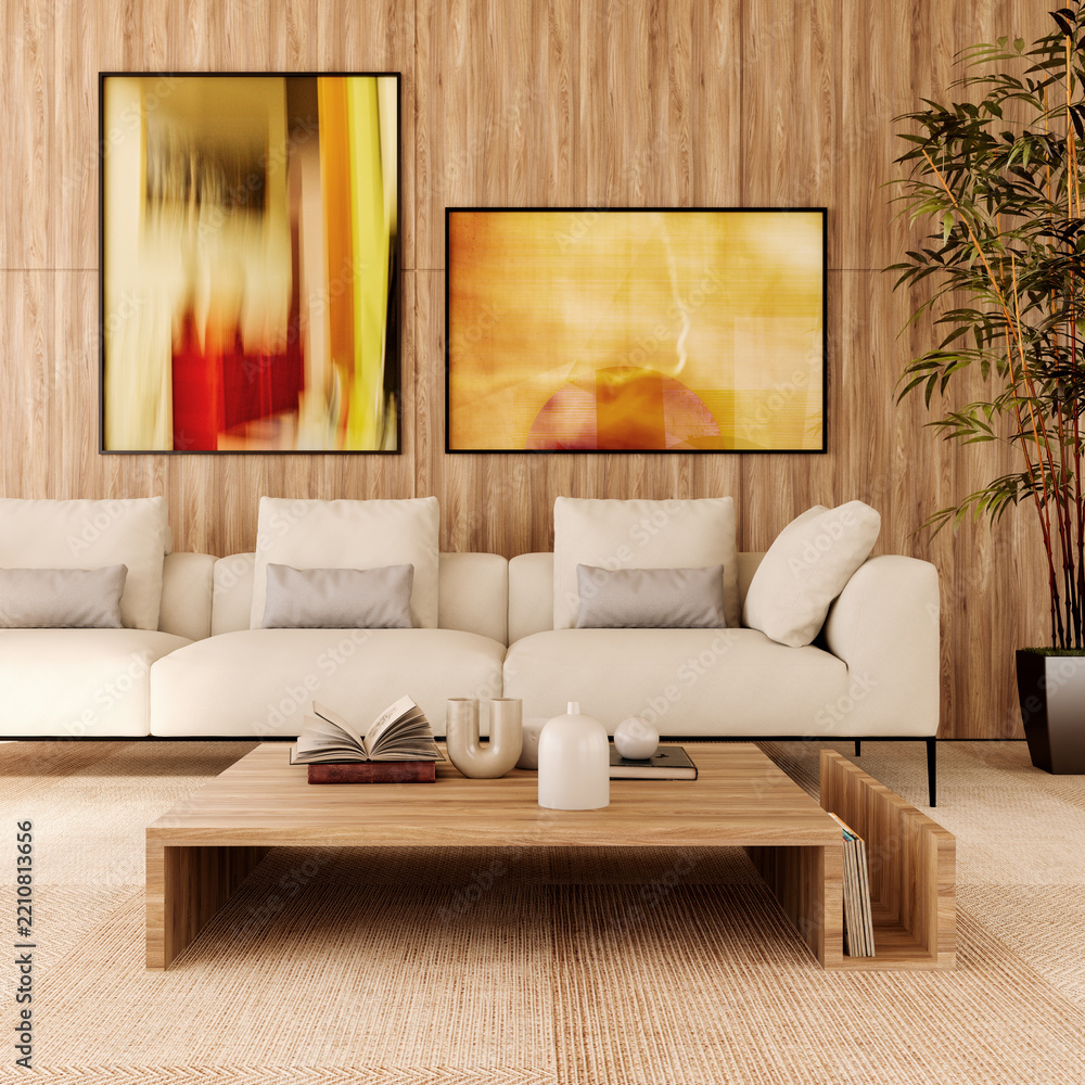 Naklejka premium 3D rendering, 3d illustration, Large Luxury modern living room interior, brutalist architecture realistic lighting, Graphic Overlay wide angle, contemporary furniture,