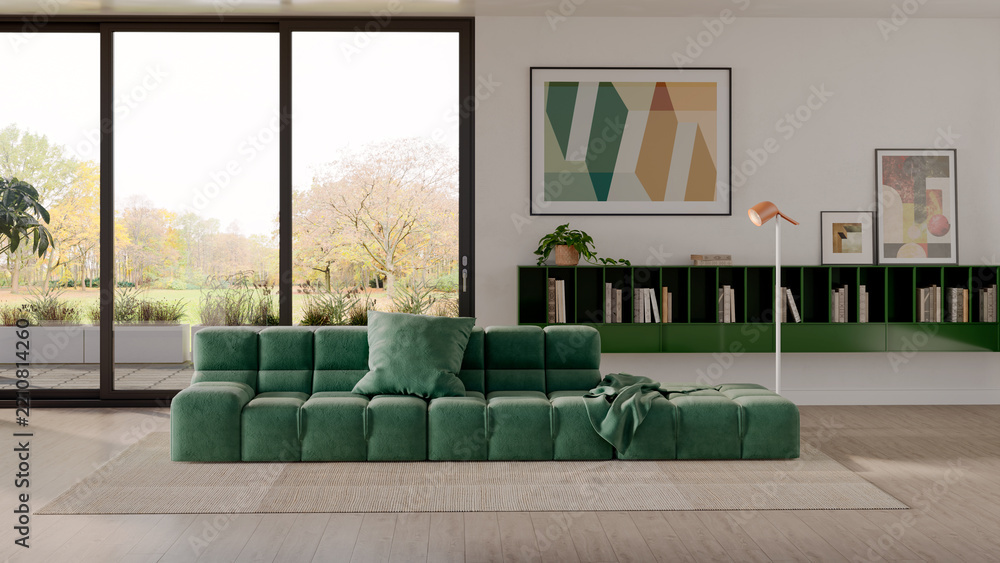 Fototapeta premium 3D rendering, 3d illustration, Large Luxury modern living room realistic lighting, Graphic Overlay wide angle, contemporary furniture, clean lines, minimalist decor, elegant home design, large window