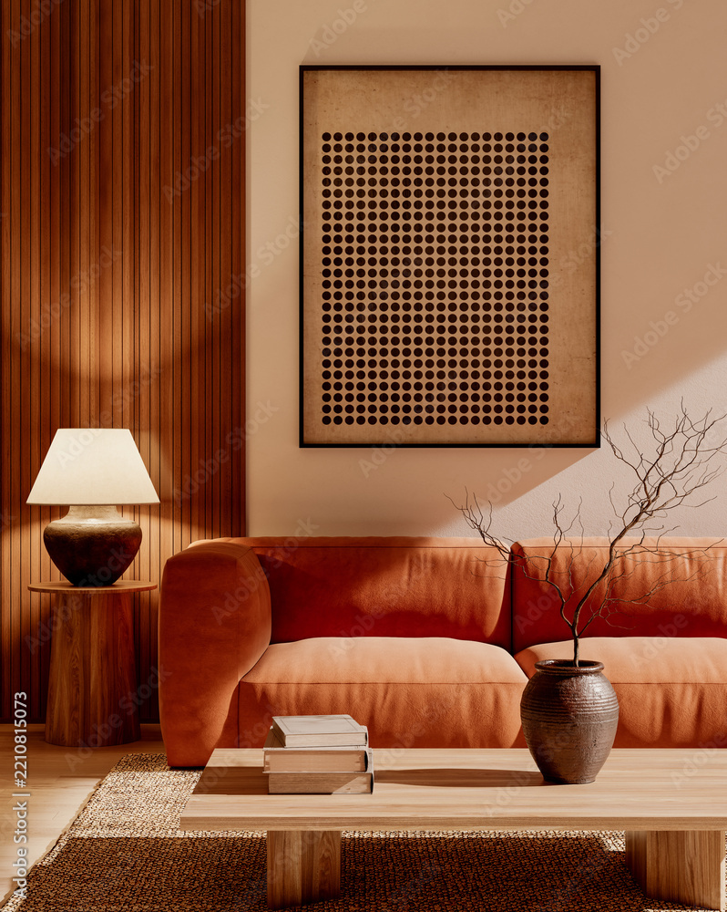 Naklejka premium 3D rendering, 3d illustration, Large Luxury modern living room realistic lighting, Graphic Overlay wide angle, contemporary furniture, clean lines, minimalist decor, elegant home design, large window