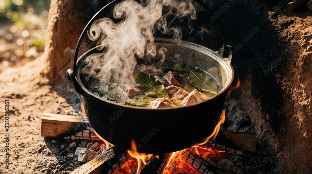 Obraz premium Black metal pot boils meat soup with bay leaves over hot campfire. Steam rises from delicious meal in outdoor rustic kitchen. Wood logs burn bright flames under cast iron cauldron during camping trip
