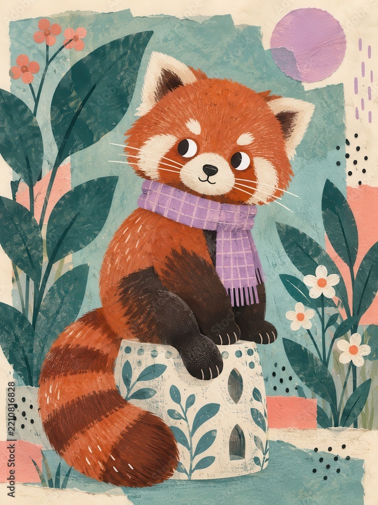 Obraz premium Cute red panda wearing scarf in whimsical botanical illustration