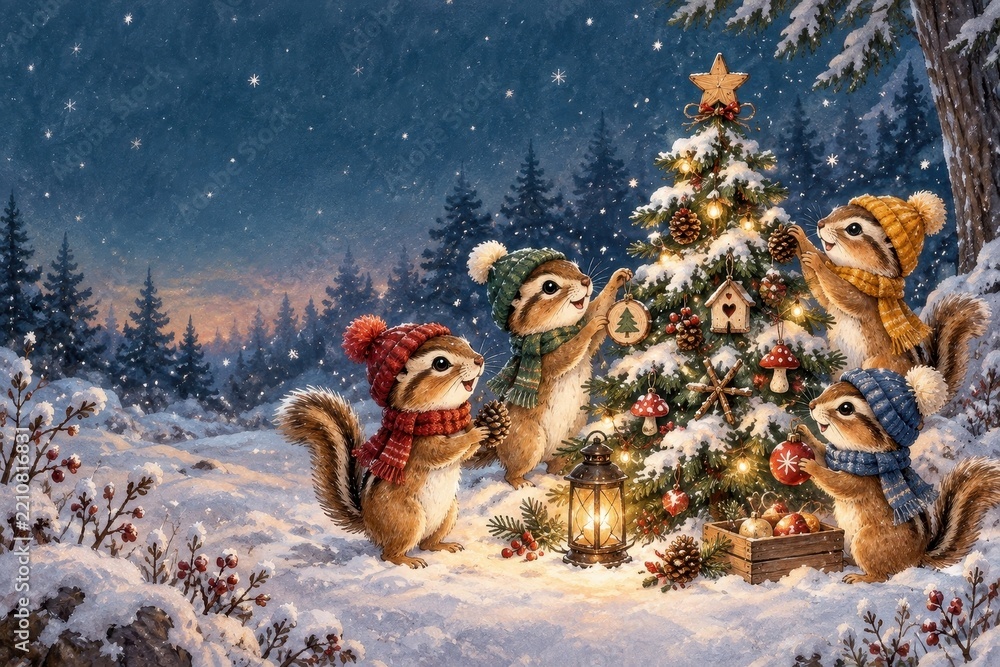 Obraz premium Woodland squirrels decorate glowing Christmas tree amid snowy forest