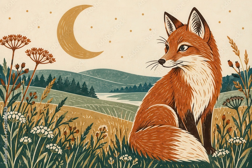 Obraz premium Vintage fox illustration amid wildflowers beneath crescent moon