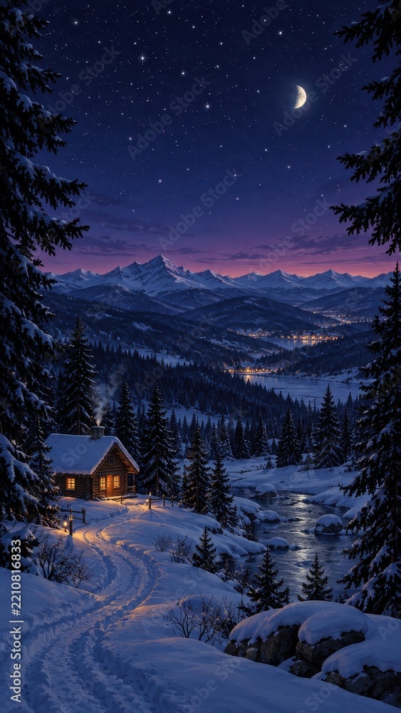 Obraz premium Mobile wallpaper, dreamy moonlit snowy cabin valley beneath starry mountains