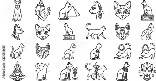 Ancient Egyptian cat bastet icons set in black and white line art minimalist style