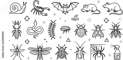 Pest control icons set in black and white line art style featuring household insects rodents spider web and exterminator spray