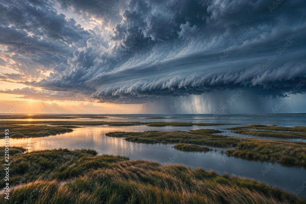 Fototapeta premium Dramatic shelf cloud above a tranquil coastal marsh at sunset