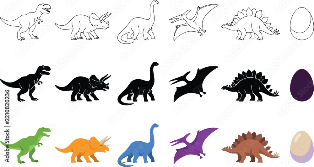 Fototapeta premium Dinosaur vector set with outline, black silhouette and colorful cartoon styles of T-rex, triceratops, brachiosaurus, pterodactyl, stegosaurus and dino egg for kids design