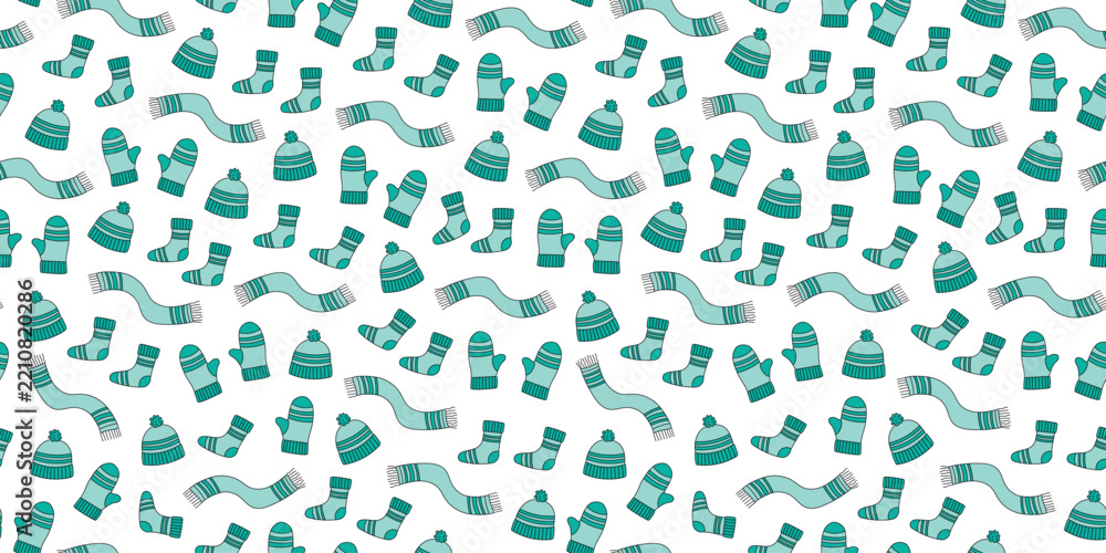 Fototapeta premium Set warm cozy knitted clothes. Seamless pattern featuring hats, scarves, socks, mittens. Bright knitted wool items. A vibrant repeating background, wallpaper, decor.