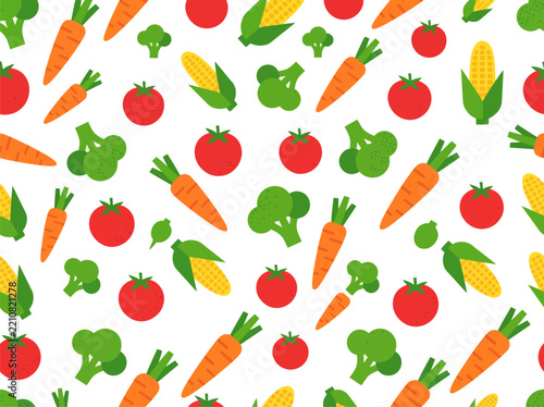 Seamless Fresh Vegetable Vector Pattern with Corn, Carrots, Tomatoes and Broccoli on White Background