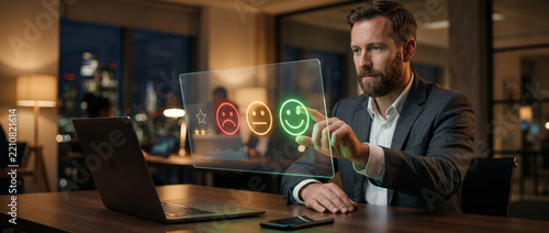 Office worker evaluating customer experience through a digital satisfaction rating dashboard beside a laptop and smartphone, customer review, user feedback, service evaluation, consumer satisfaction, 