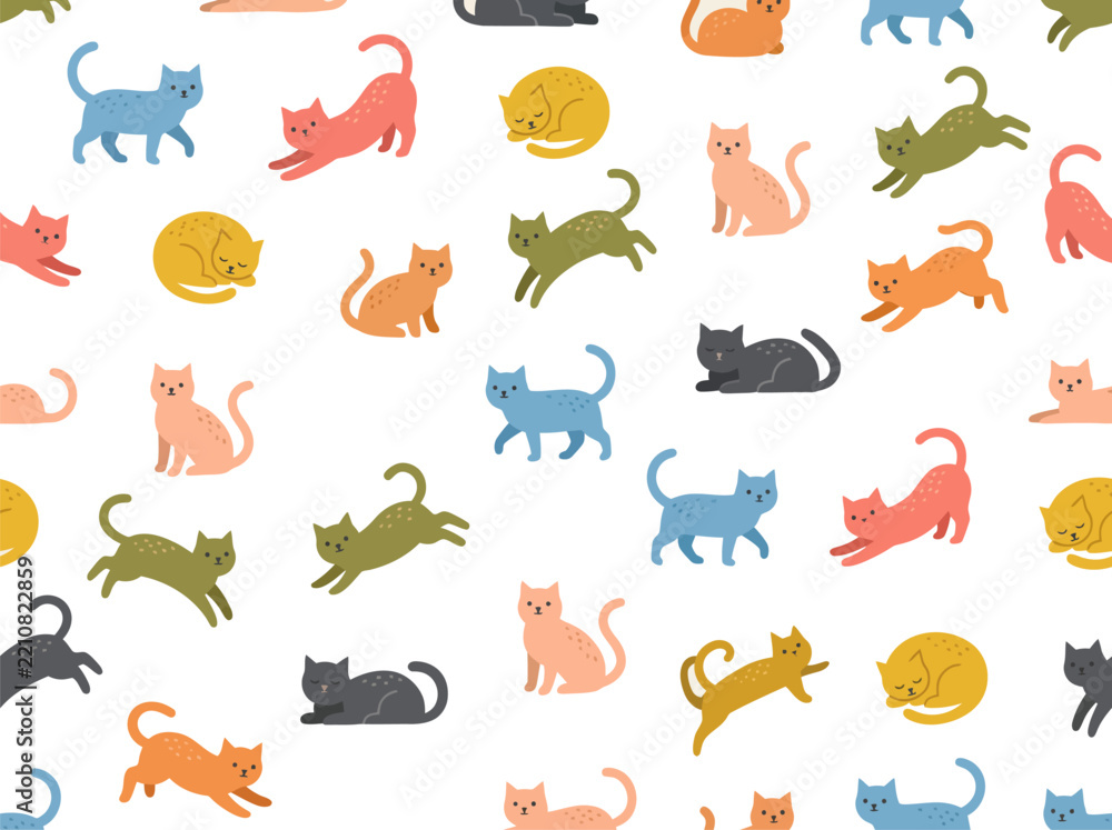 Obraz premium Seamless Playful Cat Vector Pattern with Jumping and Stretching Kittens on White Background