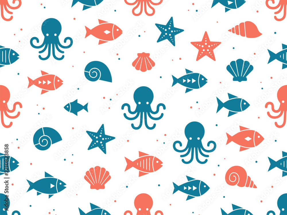 Obraz premium Seamless Underwater Vector Pattern with Octopus, Fish, Starfish and Seashells in Blue and Teal