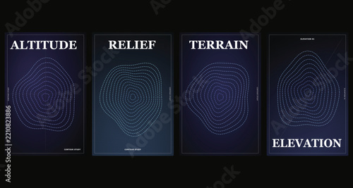 Topographic Map Poster Set, Altitude Relief Terrain Elevation Vectors, Abstract Dark Blue Minimal Line Art Cover Templates