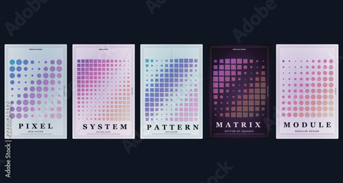 Abstract halftone poster collection, modern geometric cover templates, colorful pixel grid matrix posters for event graphic design