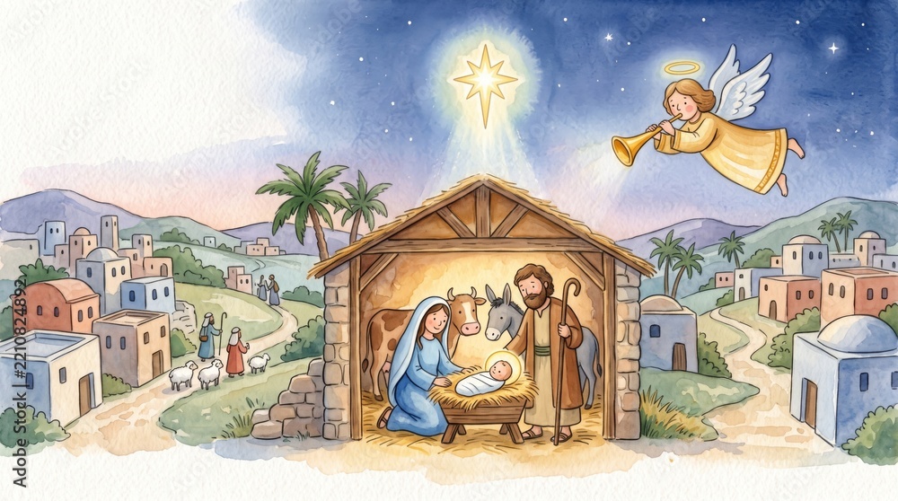 Fototapeta premium Nativity scene with Mary, Joseph and baby Jesus in a stable beneath the Star of Bethlehem. Christian Christmas illustration. Biblical birth story and religious holiday. Angelic announcement.