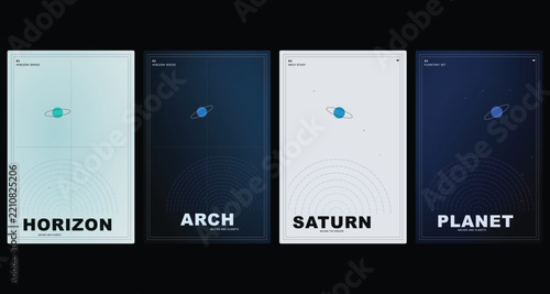 Minimalist space poster layout collection, modern astronomy cover vector set, futuristic blue Saturn planet design templates