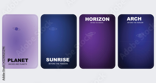Minimalist gradient card design collection, modern cosmic vertical poster set, futuristic purple and blue mobile background templates