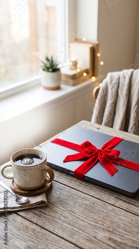 Cozy workspace with a giftwrapped laptop, coffee, and natural light from window