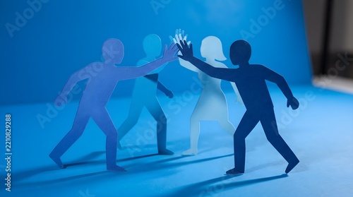 Diverse paper silhouettes giving high five in team success set.