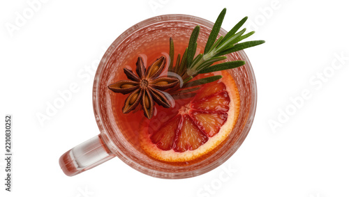 Refreshing red cocktail with blood orange slice star anise and rosemary, isolated on transparent background