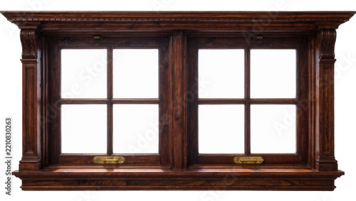 Ornate dark wood double casement window with brass latches, isolated on transparent background