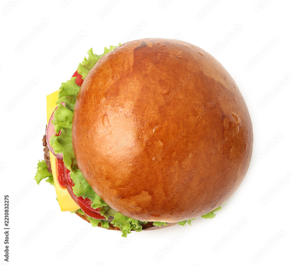 Fototapeta premium Burger with tasty patty isolated on white, top view