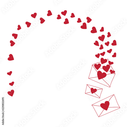 Romantic Heart Border with Red Hearts and Love Envelopes, Valentine's Day Background, Wedding and Love Greeting Card