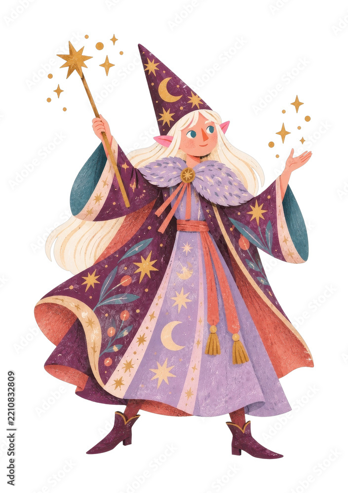 Obraz premium PNG Whimsical starry witch girl illustration with magical celestial costume
