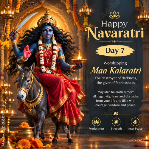 Hindu goddess Maa Kalaratri riding her donkey holding a sword and flame during seventh day of Navratri festival celebration