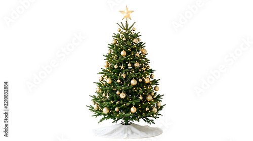 Christmas tree decorated with gold ornaments and white tree skirt as PNG asset