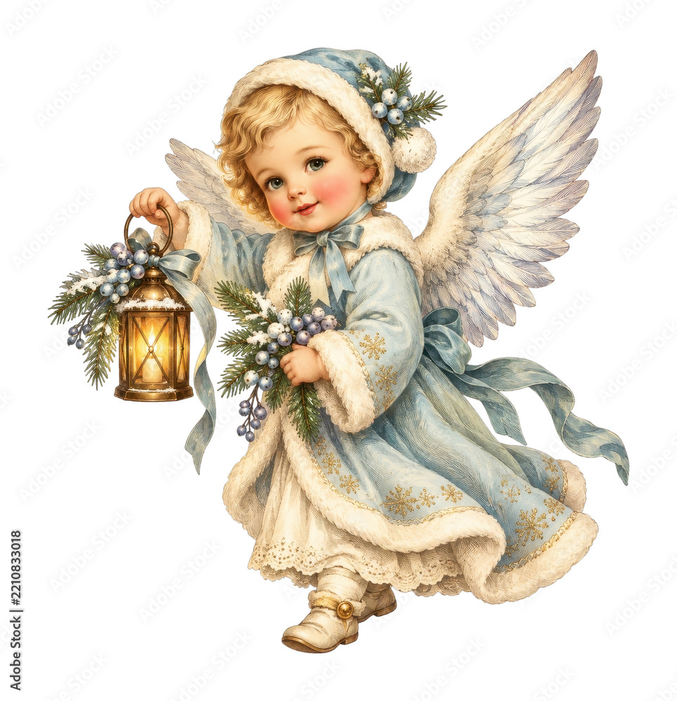 Obraz premium PNG Vintage Christmas angel child holding lantern and winter greenery
