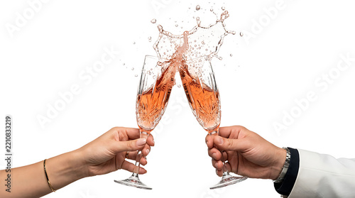 Two hands toasting with sparkling rose wine glasses as PNG asset