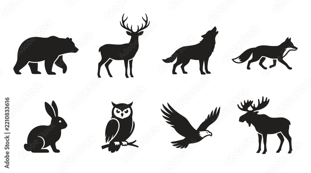 Fototapeta premium Collection of diverse wild animal silhouettes featuring bears deer wolves and majestic forest creatures