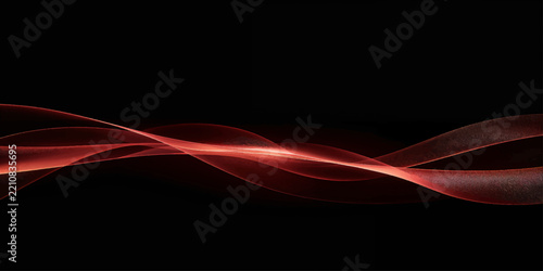 Abstract dark background with glowing red flowing energy wave ribbon and central light line effect for modern technology banner