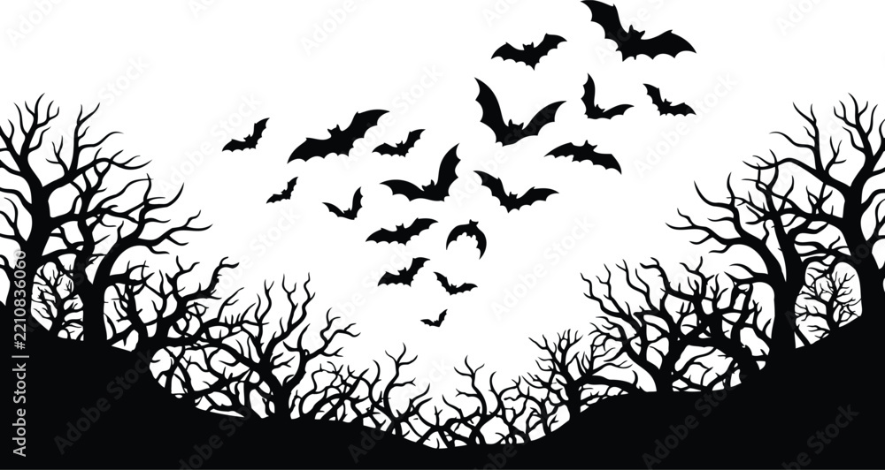 Obraz premium Spooky halloween forest with flying bats isolated on transparent background silhouette